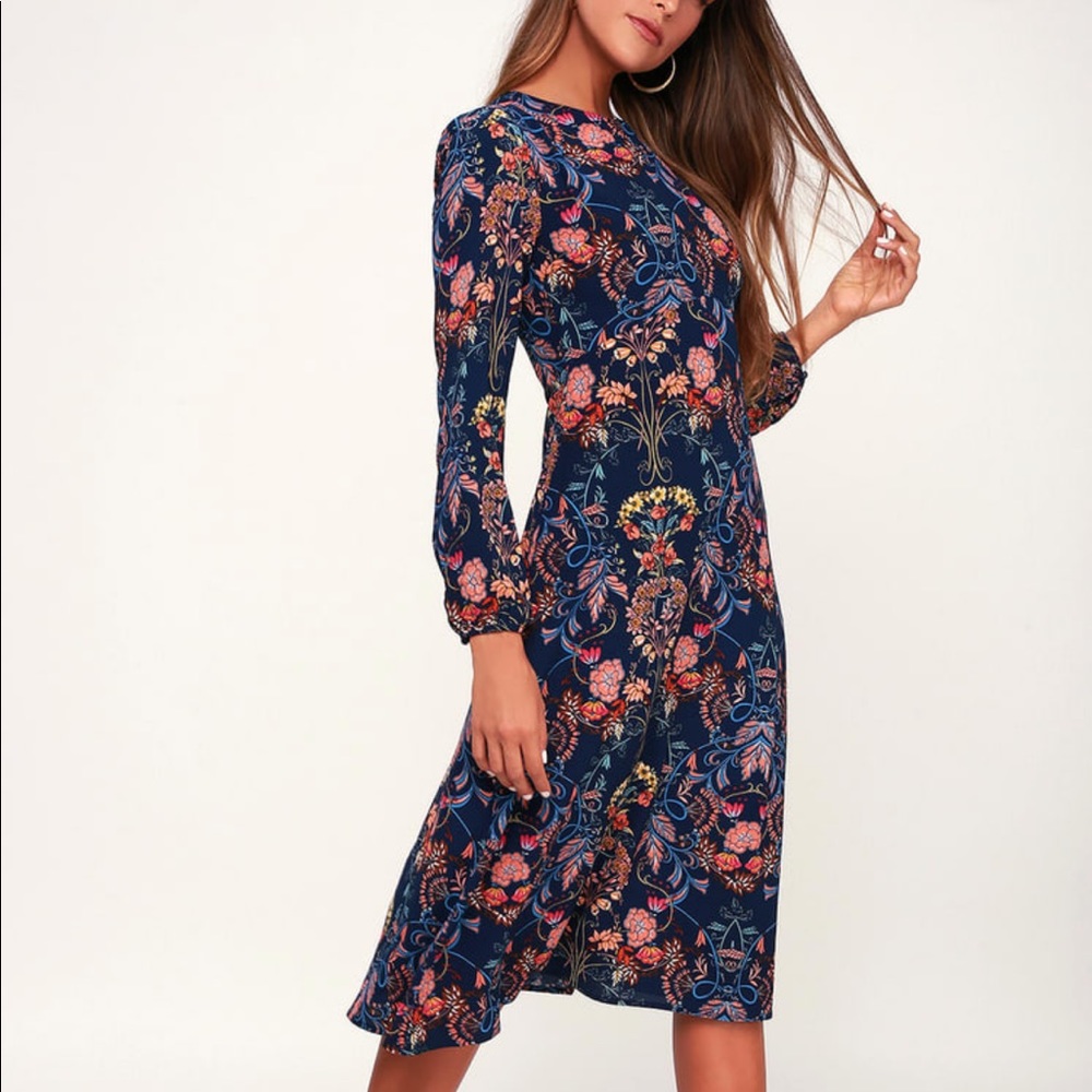 Lulu’s Garden Splendor Navy Blue Floral Print Dress